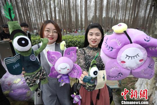 南京理工大学设计艺术与传媒学院的大学生展示“二月兰”花和水杉树文创产品。　泱波　摄
